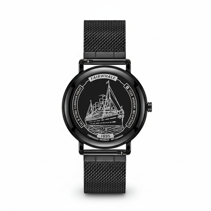 Black watch with a detailed face on a white background