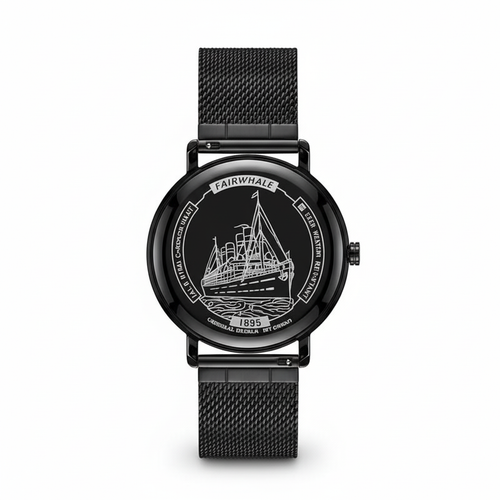 Black watch with a detailed face on a white background