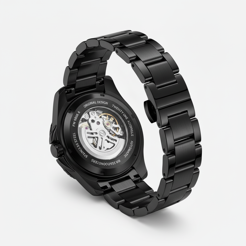 Black watch with a detailed mechanism on a white background