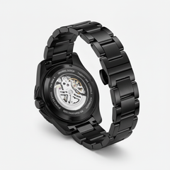 Black watch with a detailed mechanism on a white background