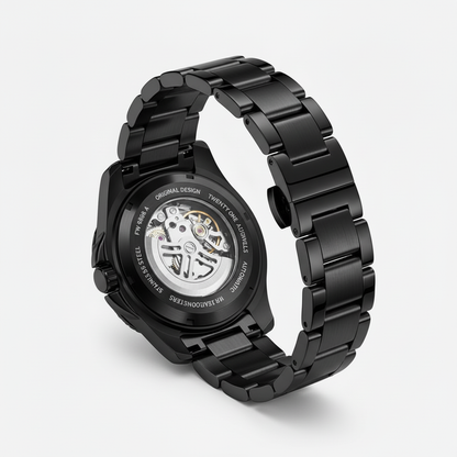 Black watch with a detailed mechanism on a white background