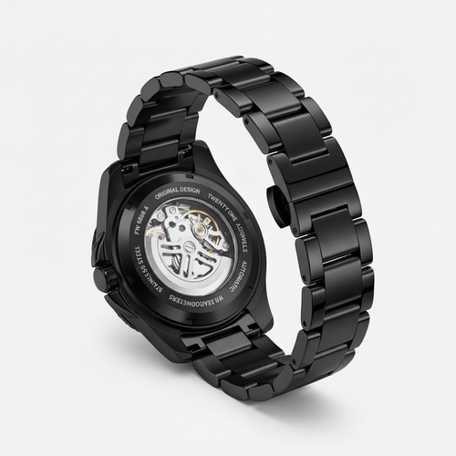 Black watch with a detailed mechanism on a white background