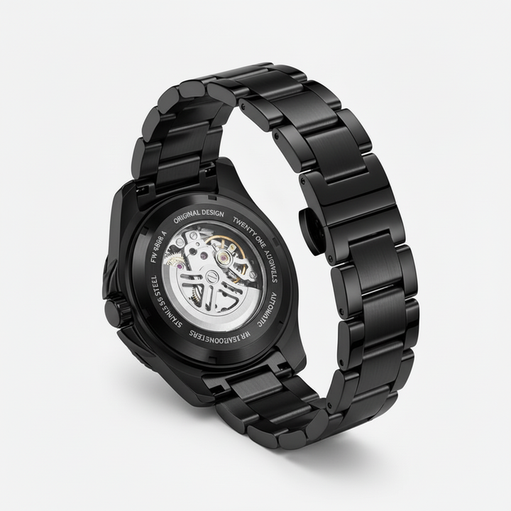 Black watch with a detailed mechanism on a white background