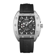 Black watch with a silver case and black strap on a white background
