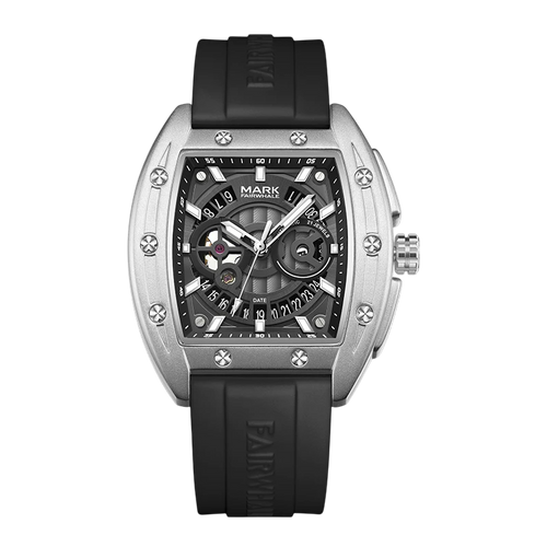 Black watch with a silver case and black strap on a white background