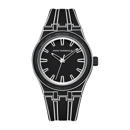 Black watch with a unique design on a white background