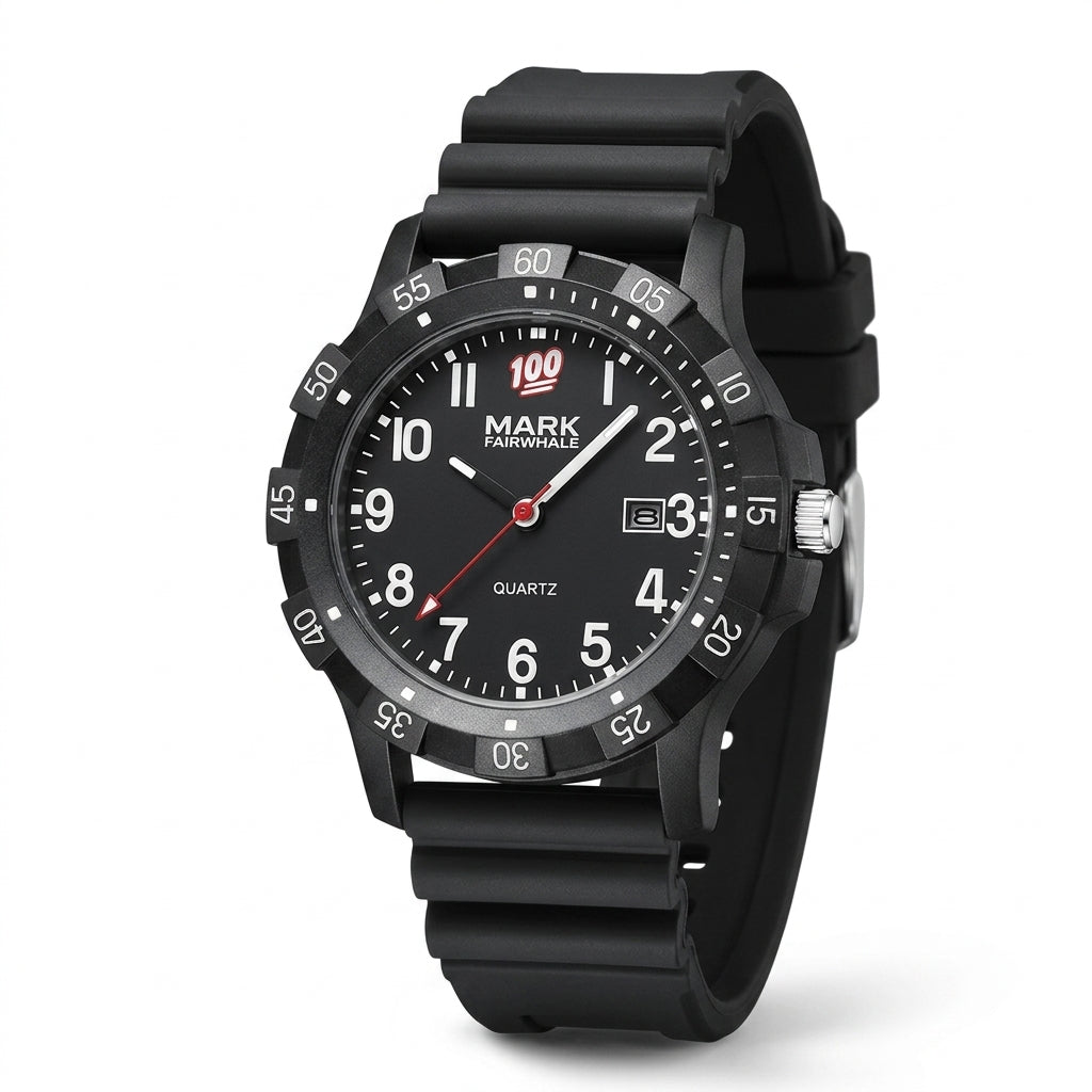 Black watch with a white dial on a white background