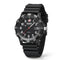 Black watch with a white dial on a white background