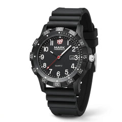 Black watch with a white dial on a white background
