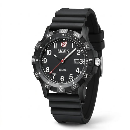 Black watch with a white dial on a white background
