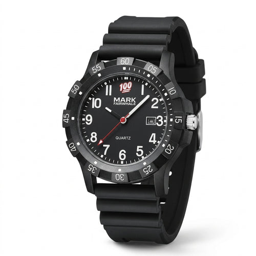 Black watch with a white dial on a white background