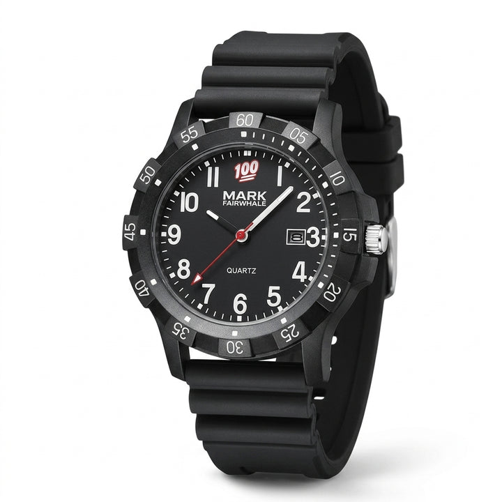 Black watch with a white dial on a white background