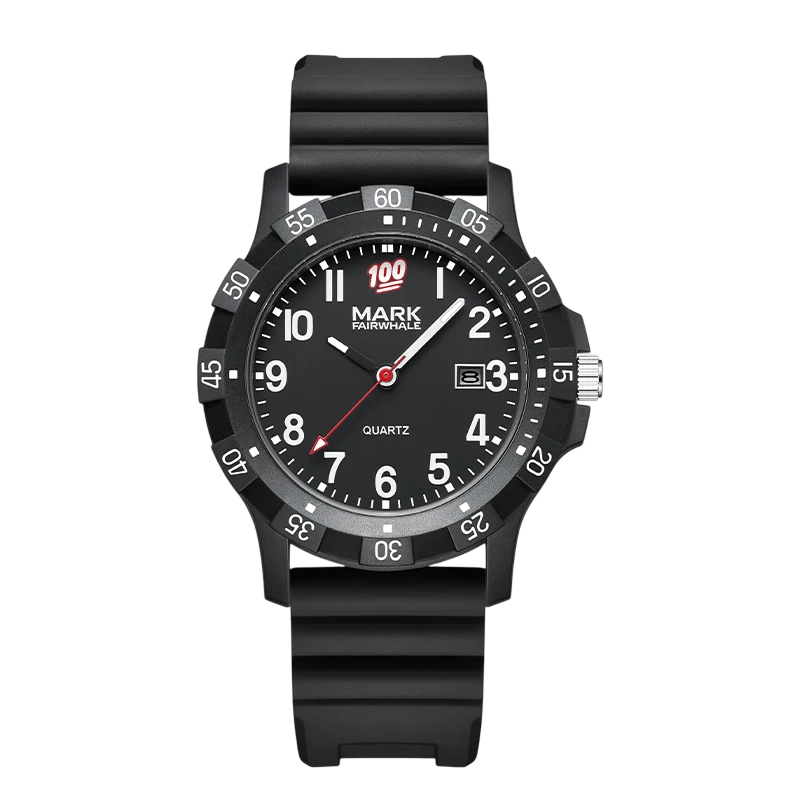 Black watch with a white face on a white background