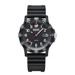 Black watch with a white face on a white background