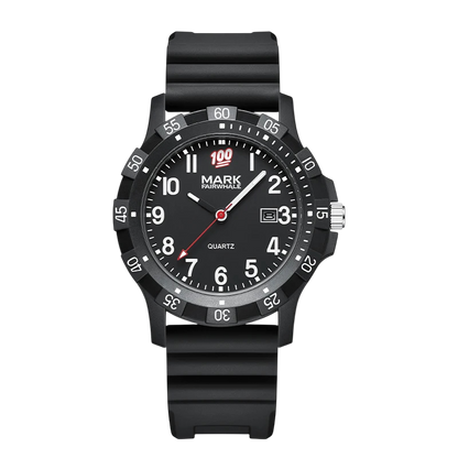 Black watch with a white face on a white background