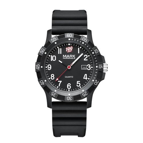 Black watch with a white face on a white background