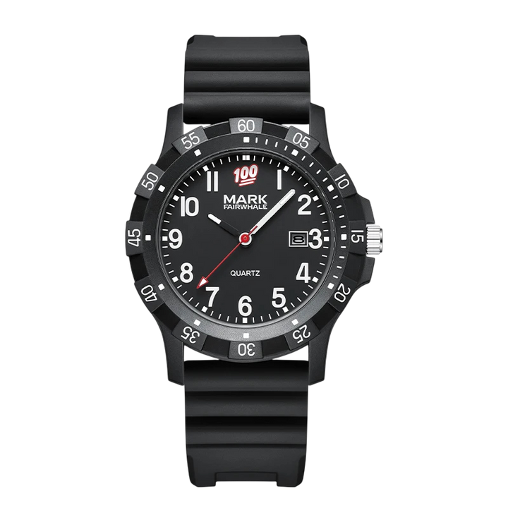 Black watch with a white face on a white background