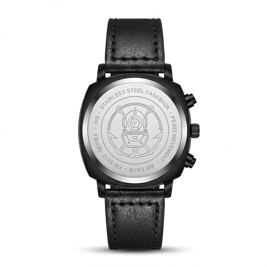 Black watch with detailed caseback on a white background