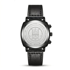 Black watch with detailed caseback on a white background
