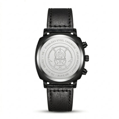 Black watch with detailed caseback on a white background