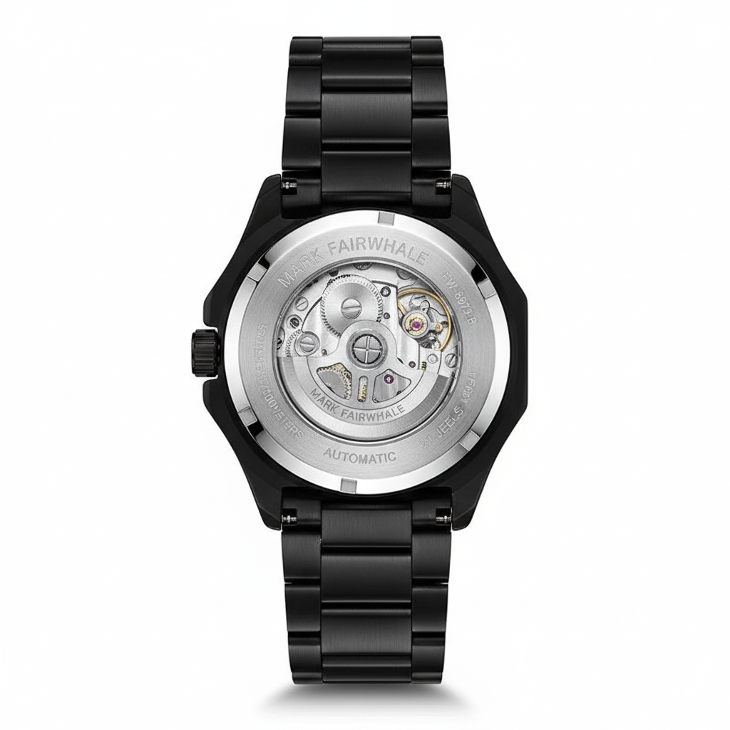 Black watch with mechanical components on a white background