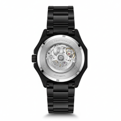Black watch with mechanical components on a white background