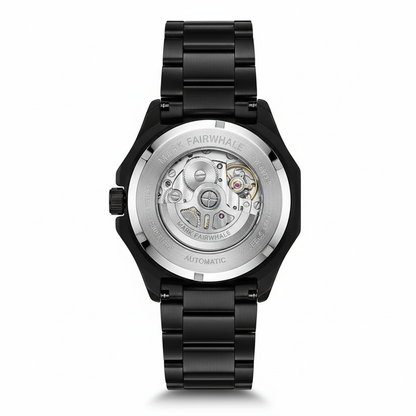 Black watch with mechanical components on a white background