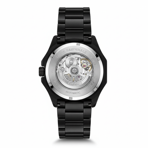Black watch with mechanical components on a white background