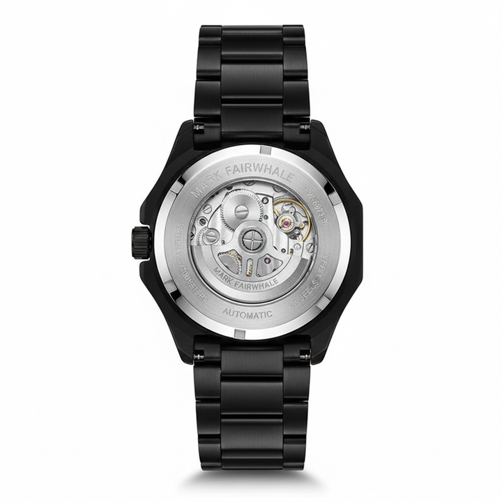 Black watch with mechanical components on a white background