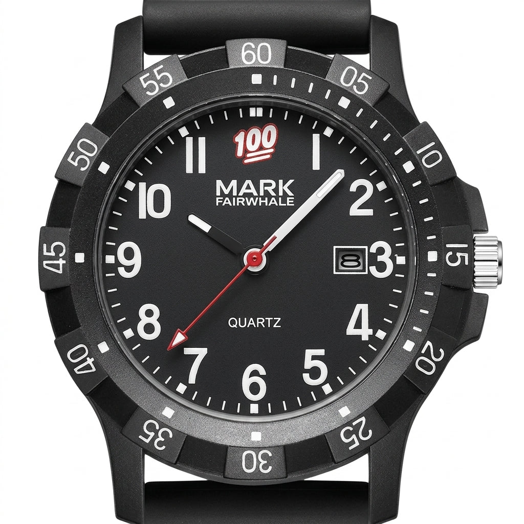 Black watch with red second hand on a white background