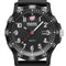 Black watch with red second hand on a white background