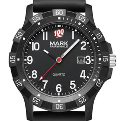 Black watch with red second hand on a white background