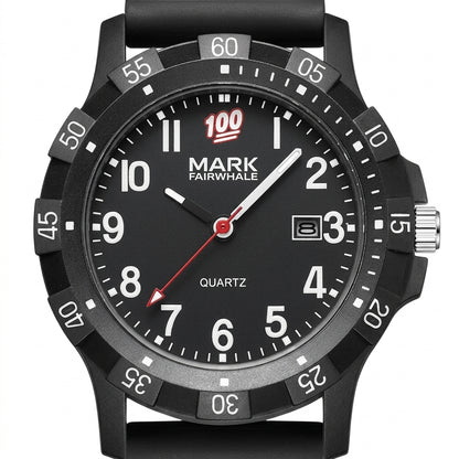 Black watch with red second hand on a white background
