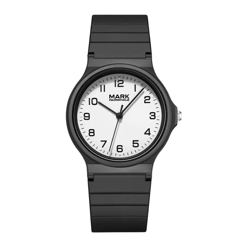 Black watch with white face on a white background