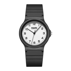 Black watch with white face on a white background