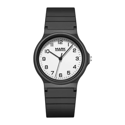 Black watch with white face on a white background