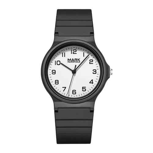 Black watch with white face on a white background