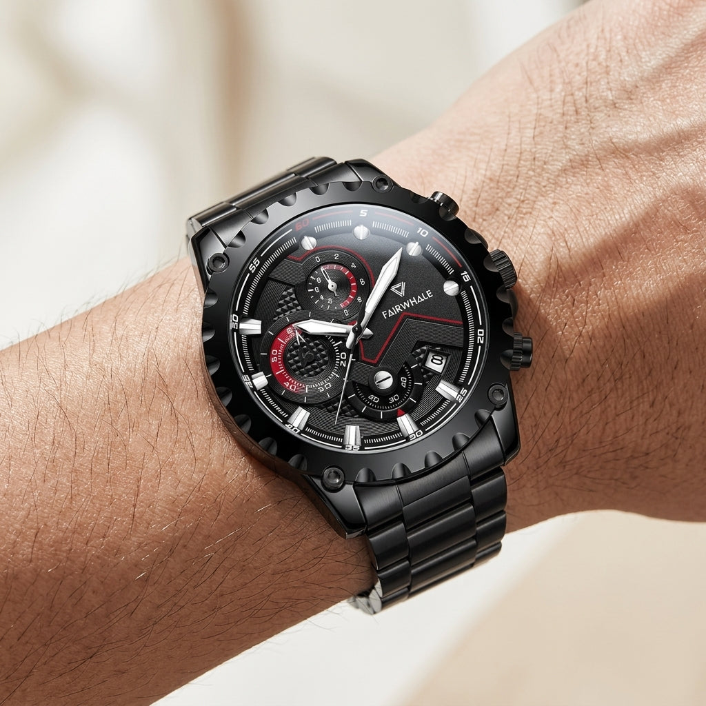 Black wristwatch with detailed face on a wrist against a neutral background