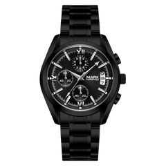 Black wristwatch with detailed face on a white background