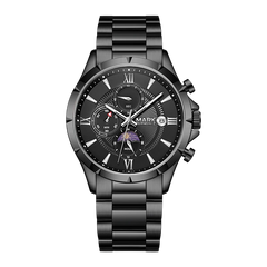 Black wristwatch with detailed face on a white background