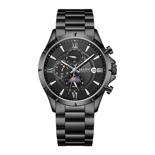 Black wristwatch with detailed face on a white background
