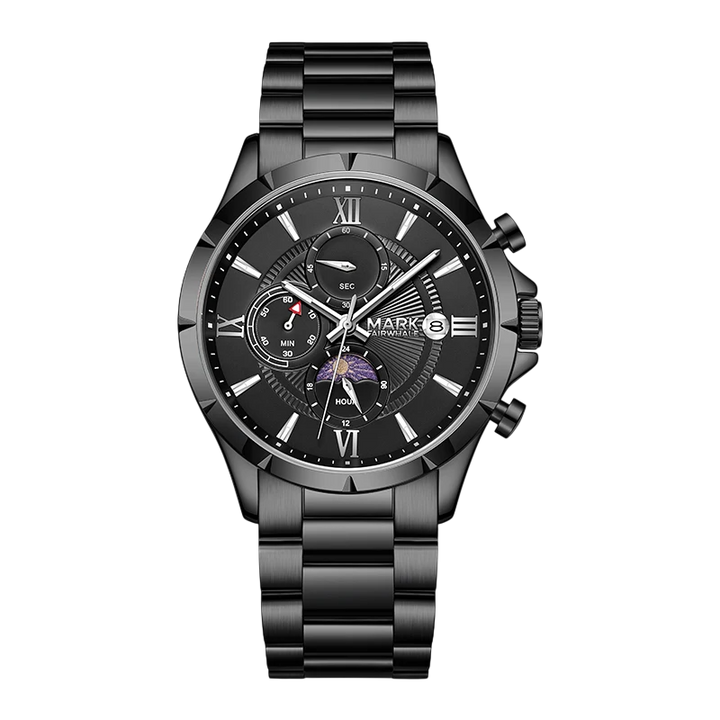 Black wristwatch with detailed face on a white background