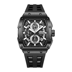 Black wristwatch with detailed face on a white background