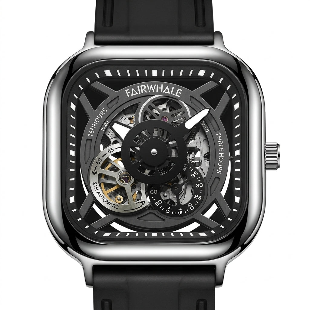 Black wristwatch with visible mechanical components on a white background