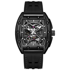Black wristwatch with a detailed face on a white background