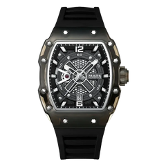 Black wristwatch with detailed face on a white background