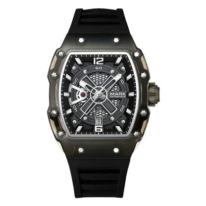 Black wristwatch with detailed face on a white background