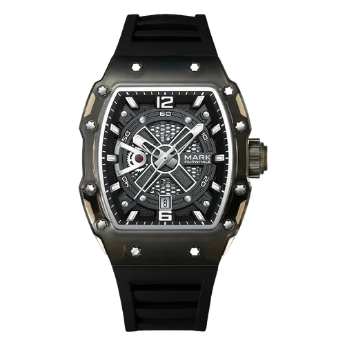 Black wristwatch with detailed face on a white background