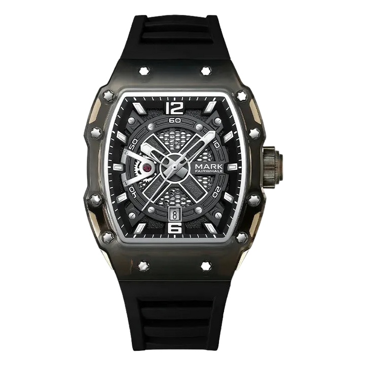 Black wristwatch with detailed face on a white background