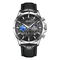 Black wristwatch with detailed face on a white background
